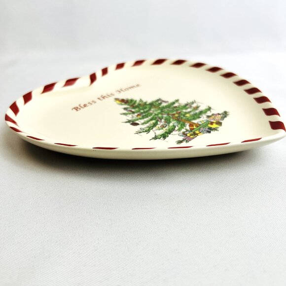 Spode Christmas Tree Heart Shaped Dish Bless this Home Peppermint Stripe 7 3/4" - Picture 4 of 7